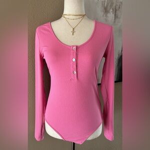 Pink henley 1/2 button long sleeve bodysuit